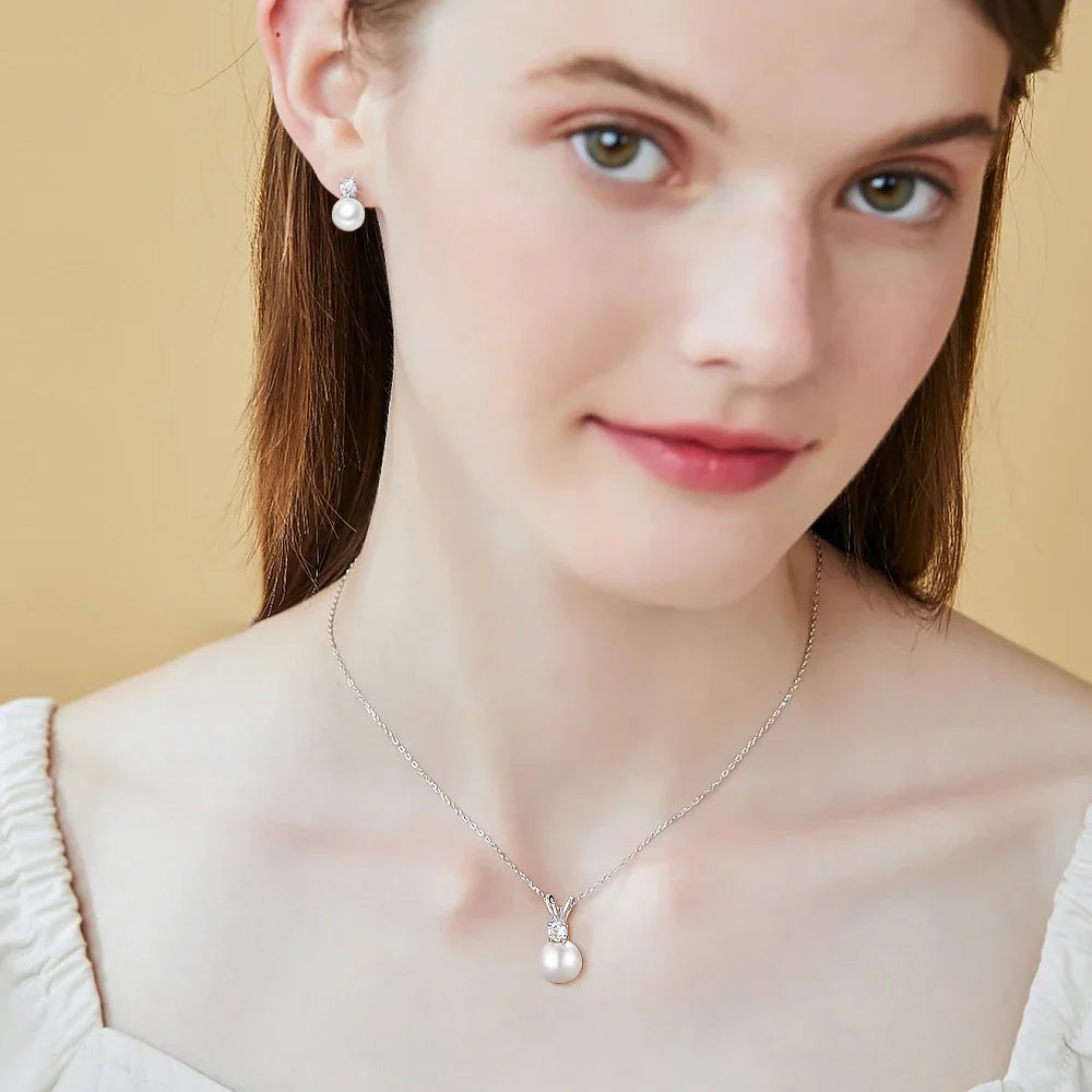 8mm Freshwater Pearl & Moissanite Jewelry Set - 925 Silver Necklace & Earrings, D Color, 0.2/0.9ct