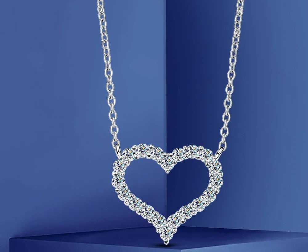 Heart Pendant Moissanite Necklace 18K White Gold Finish