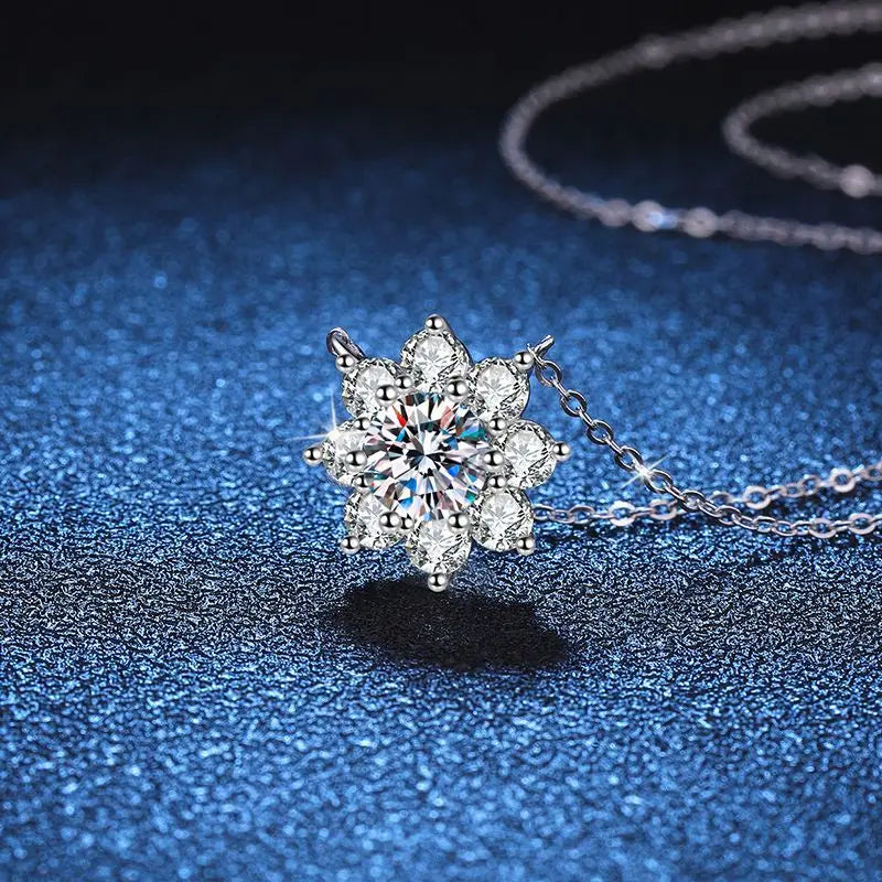 Moissanite Diamond Sunflower Pendant Neck Chain 925 Sterling Silver