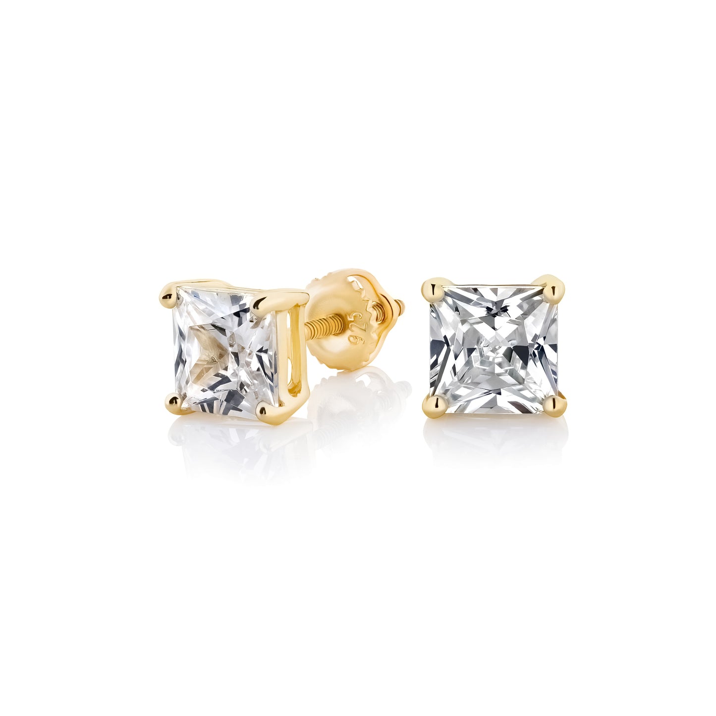 14K Yellow Gold Finish Princess Solitaire Stud Earrings (Screw Back)