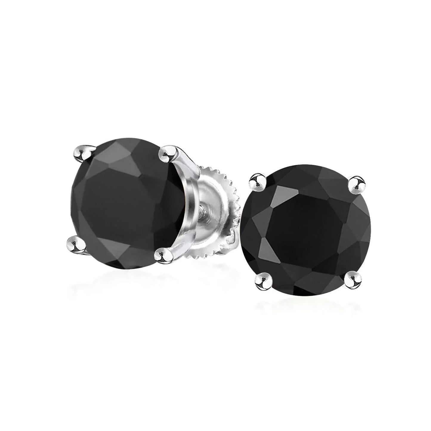 14k White Gold Finish Black Solitaire Screwback Stud Earrings