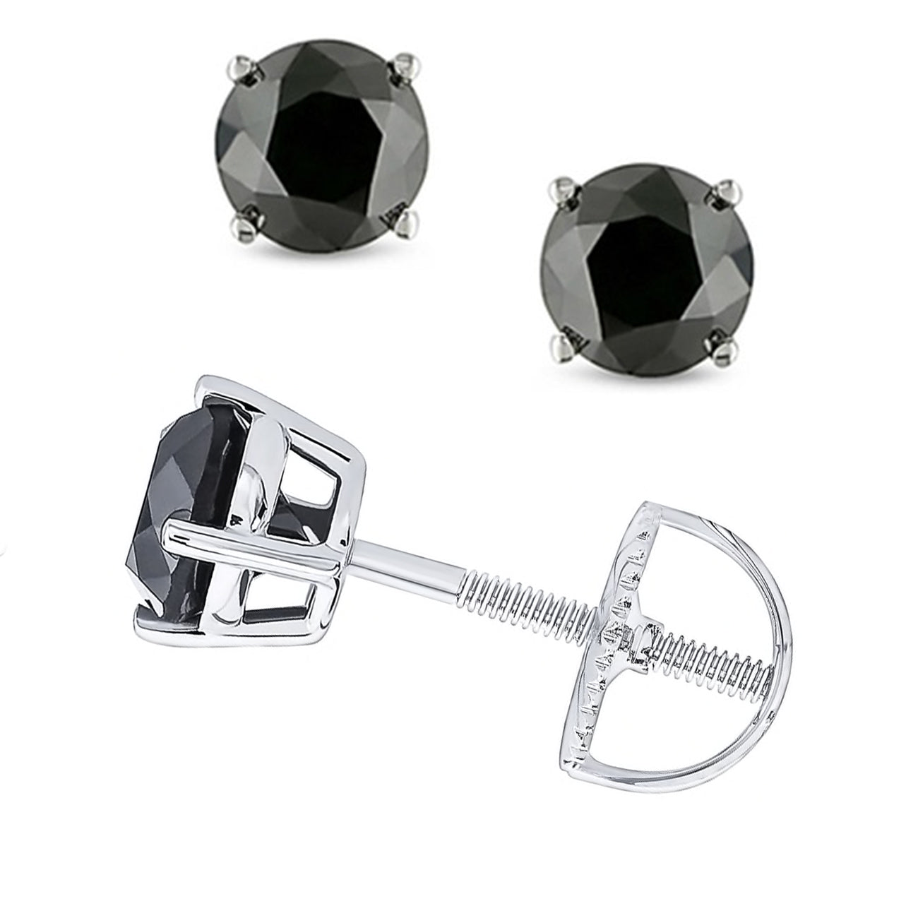 14k White Gold Finish Black Solitaire Screwback Stud Earrings