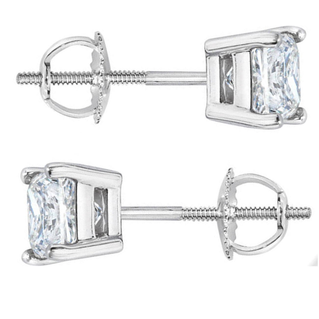 14K White Gold Finish VVS Princess Solitaire Stud Earrings