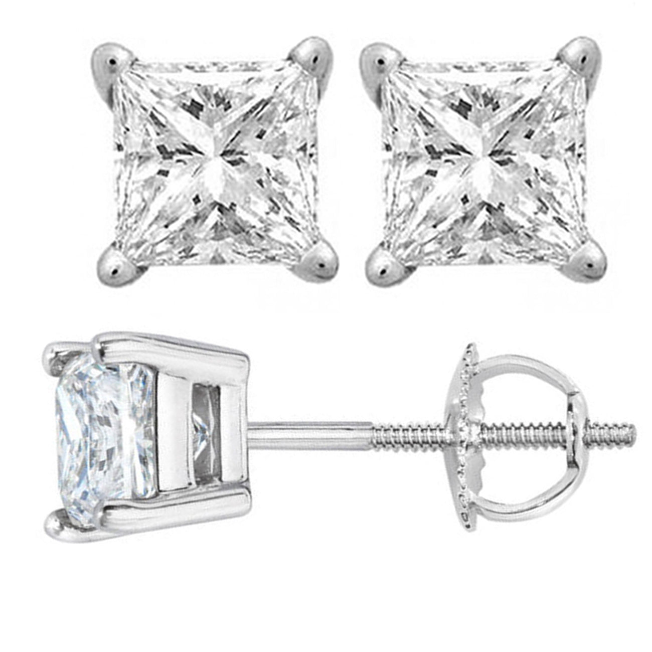 14K White Gold Finish VVS Princess Solitaire Stud Earrings