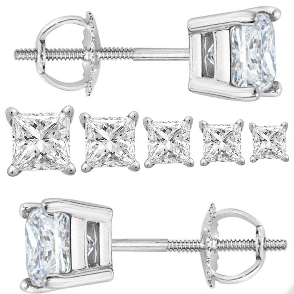 14K White Gold Finish VVS Princess Solitaire Stud Earrings