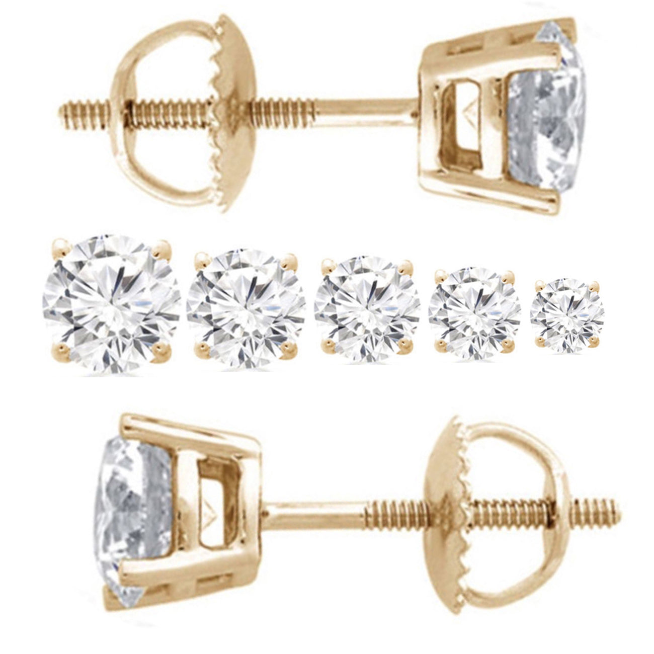 14k Yellow Gold Finish Round Solitaire Earrings (Screw backs)