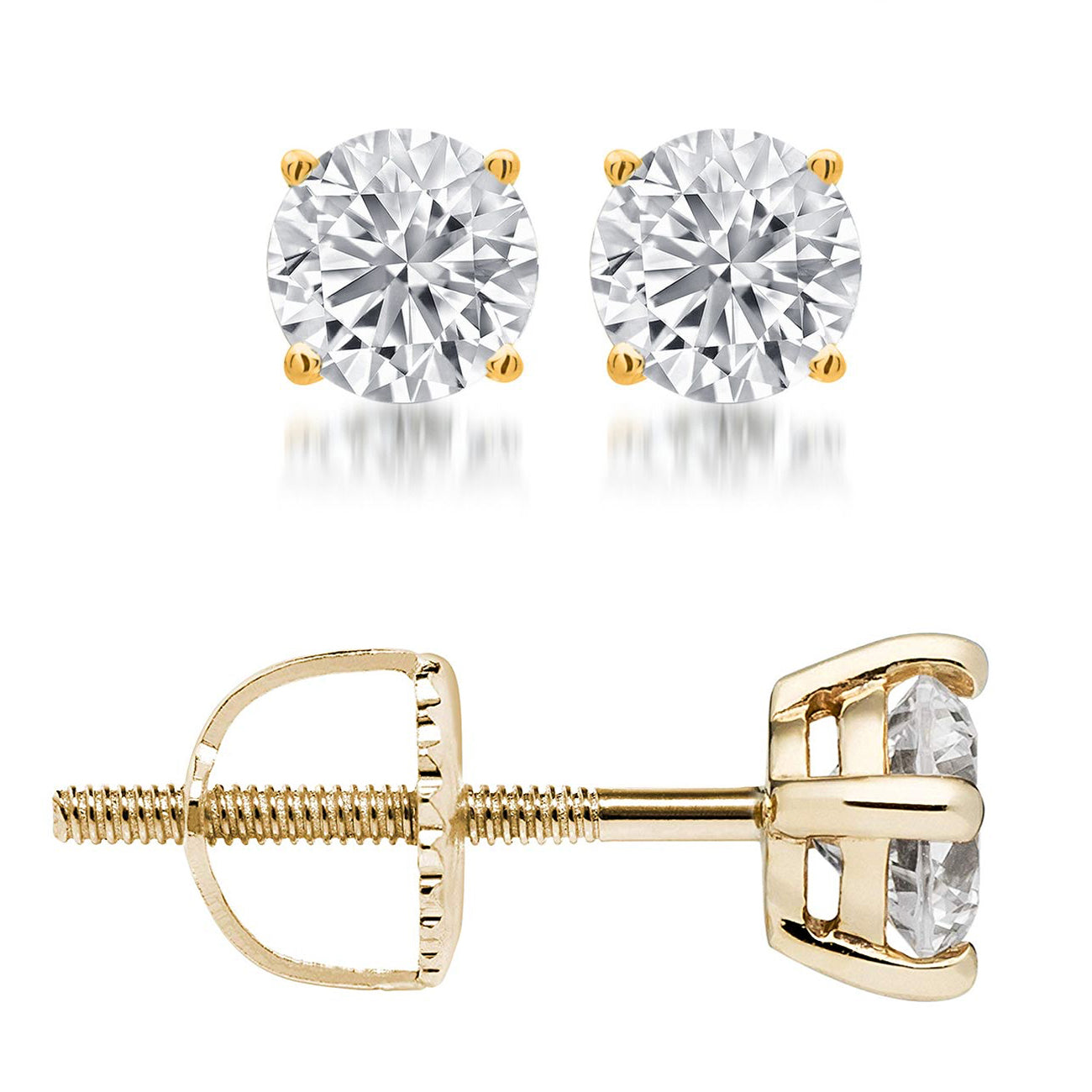 14k Yellow Gold Finish Round Solitaire Earrings (Screw backs)