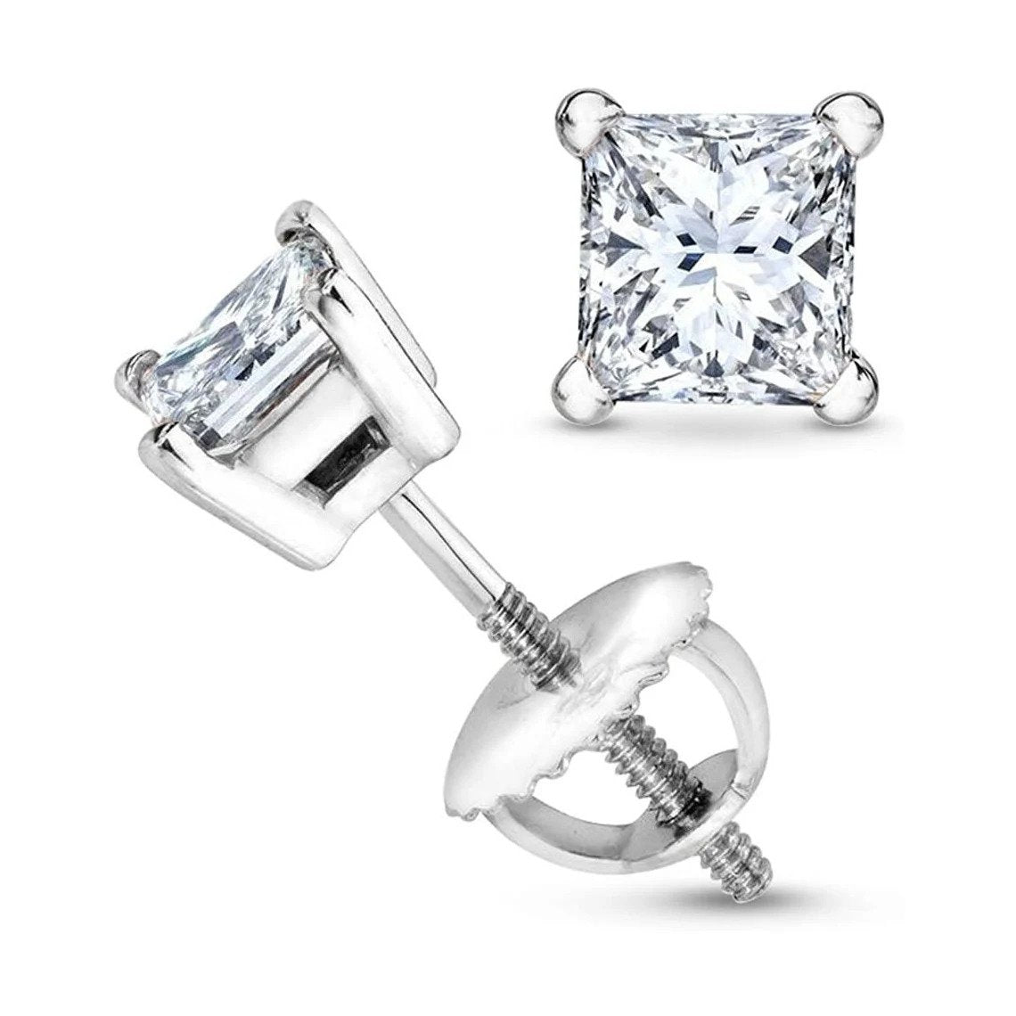 14K White Gold Finish VVS Princess Solitaire Stud Earrings