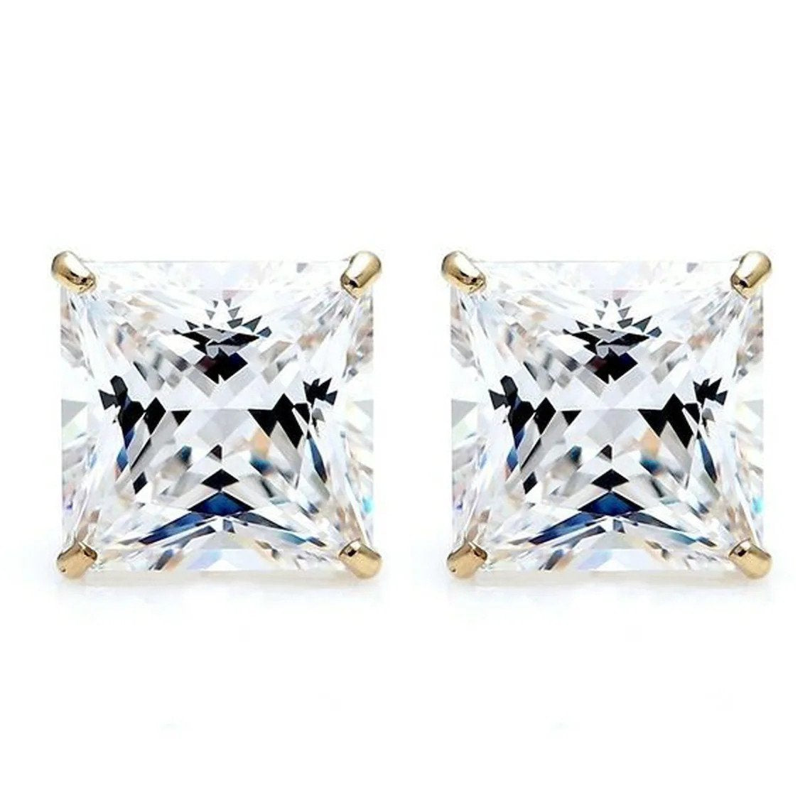 14K Yellow Gold Finish Princess Solitaire Stud Earrings (Screw Back)