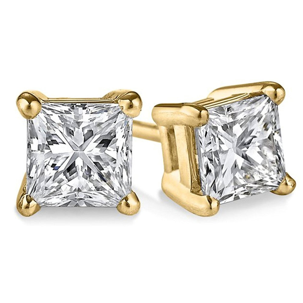 14K Gold Finish Princess Solitaire Stud Earrings (Push Back)