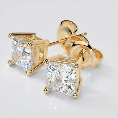 14K Gold Finish Princess Solitaire Stud Earrings (Push Back)
